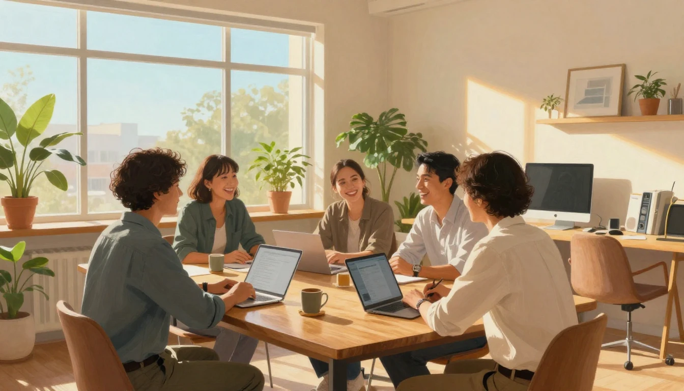 A warm and cozy scene of a collaborative workspace. A group ...