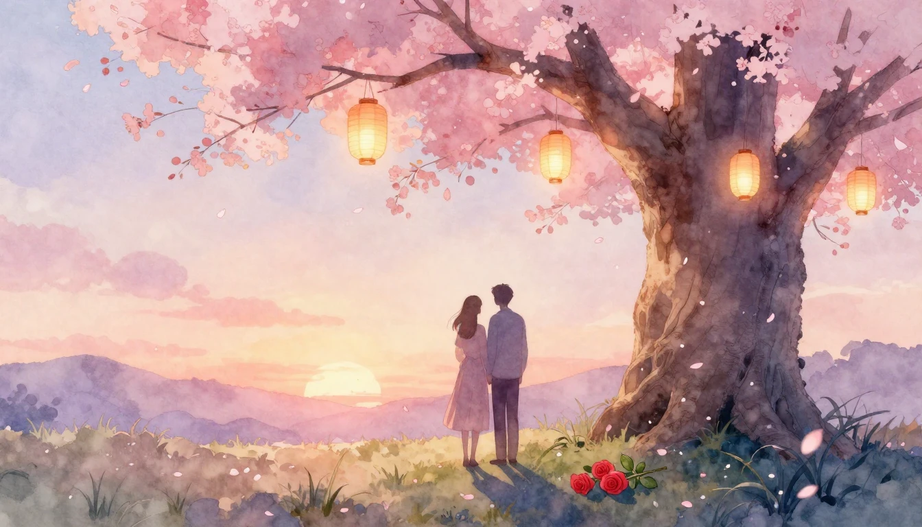 A soft and dreamy watercolor painting depicting two silhouet...