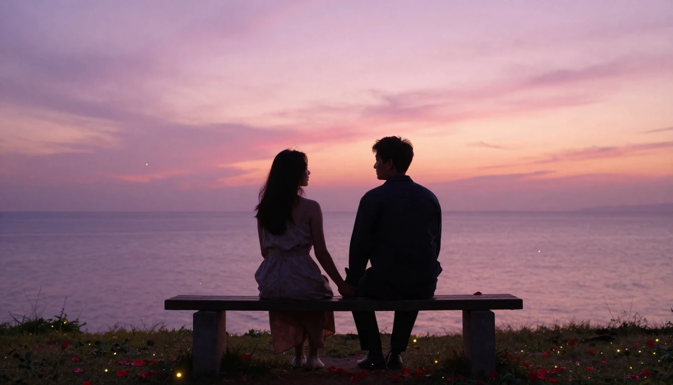 A romantic and dreamy scene depicting a couple sitting on a ...