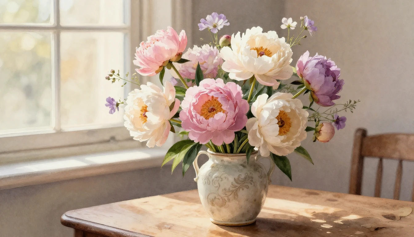 A soft and dreamy watercolor composition featuring a bouquet...