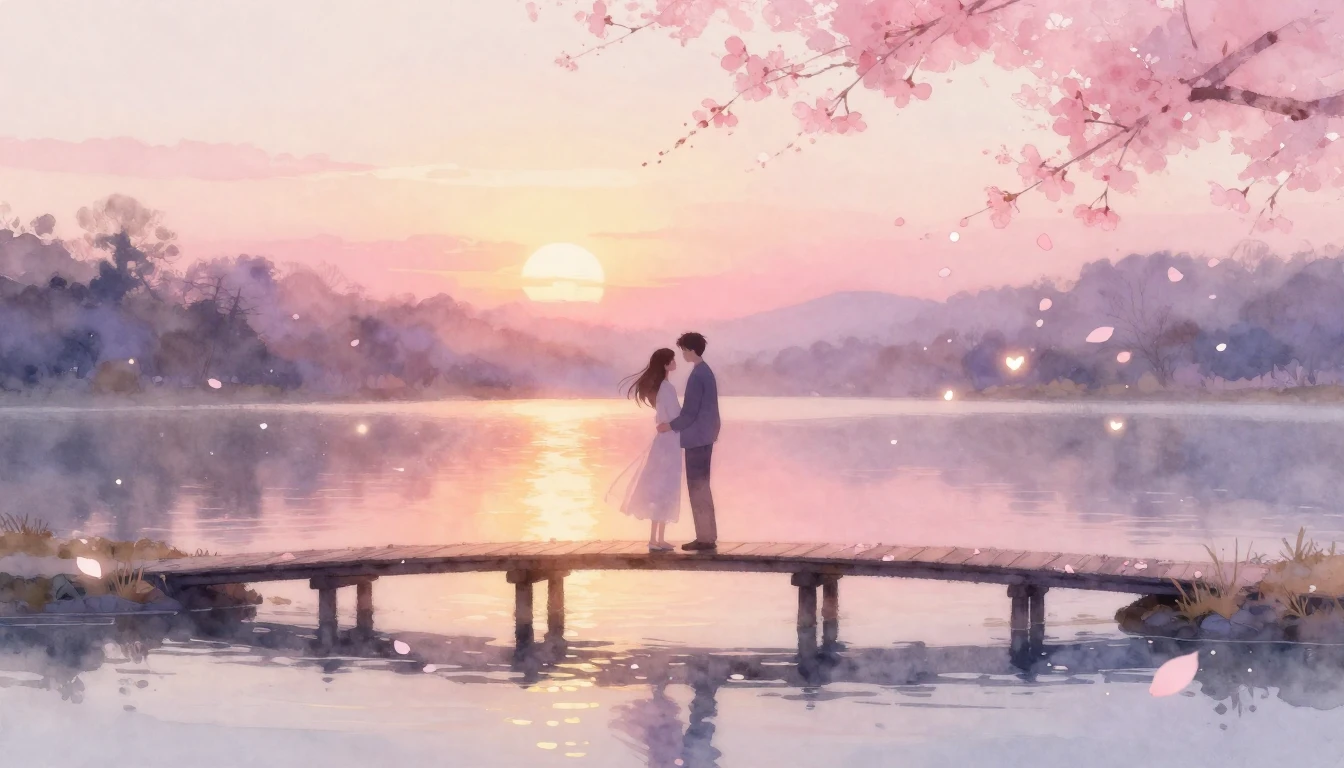 An ethereal and romantic watercolor painting depicting two d...