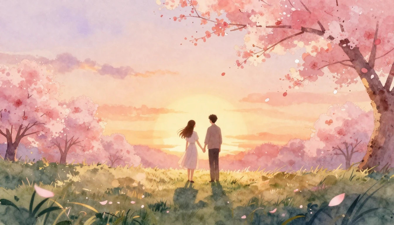 A dreamy and romantic watercolor painting depicting a couple...