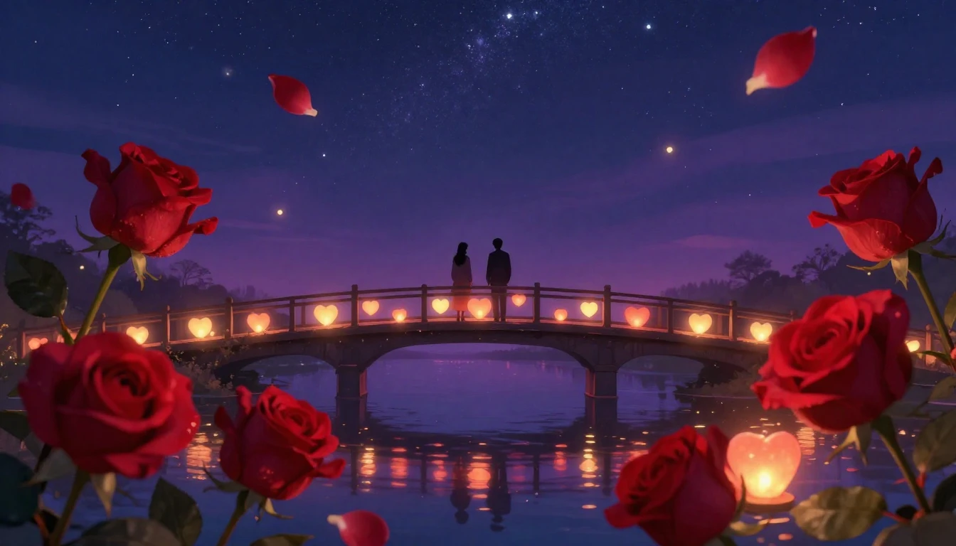 A romantic and dreamy scene featuring two silhouette figures...