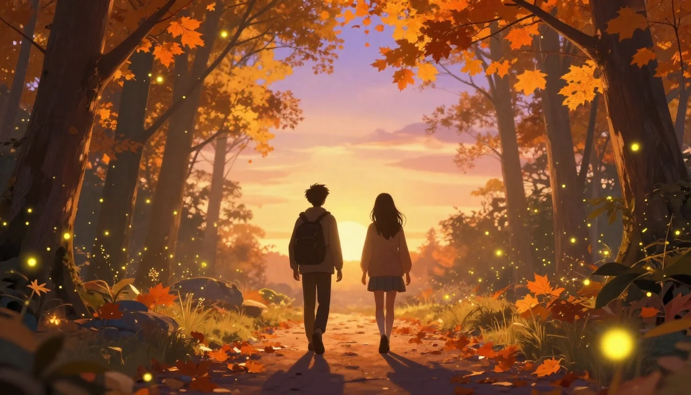 A beautiful warm scene of a magical forest path at golden ho...