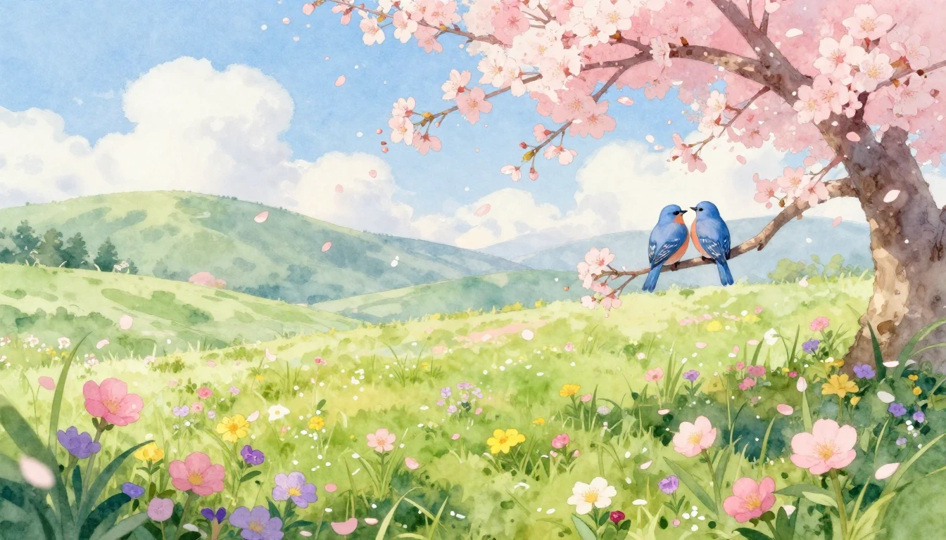 A soft and dreamy watercolor painting of a lush spring meado...