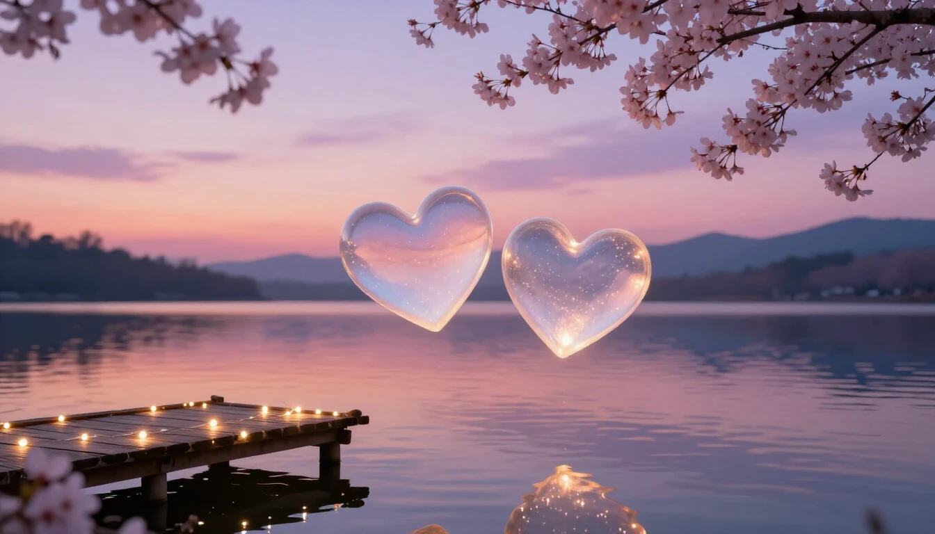 A romantic and ethereal scene featuring two glowing, translu...