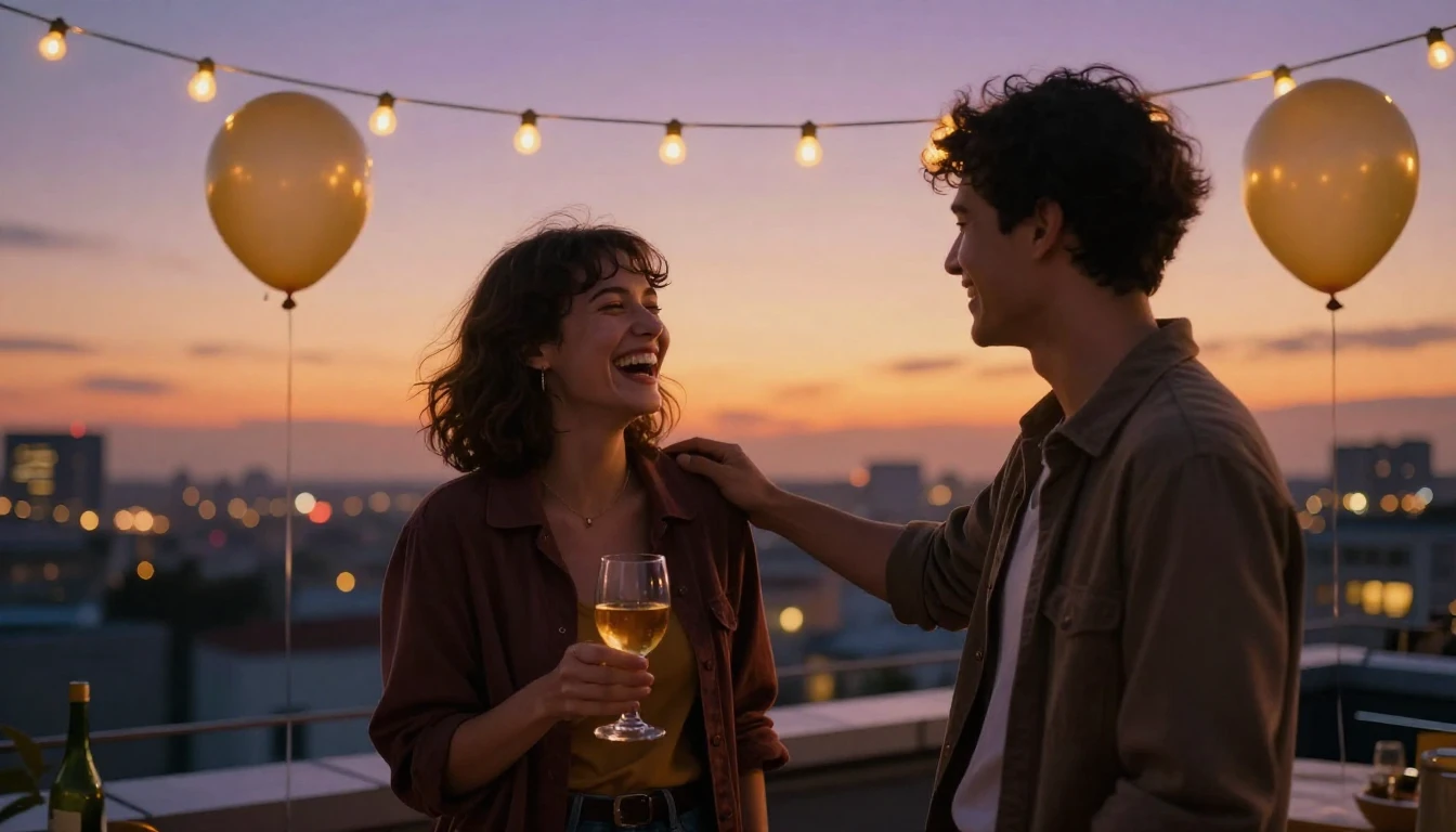 A warm and celebratory cinematic scene featuring two best fr...