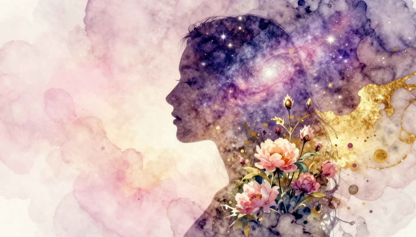 A beautiful, ethereal double exposure watercolor painting de...