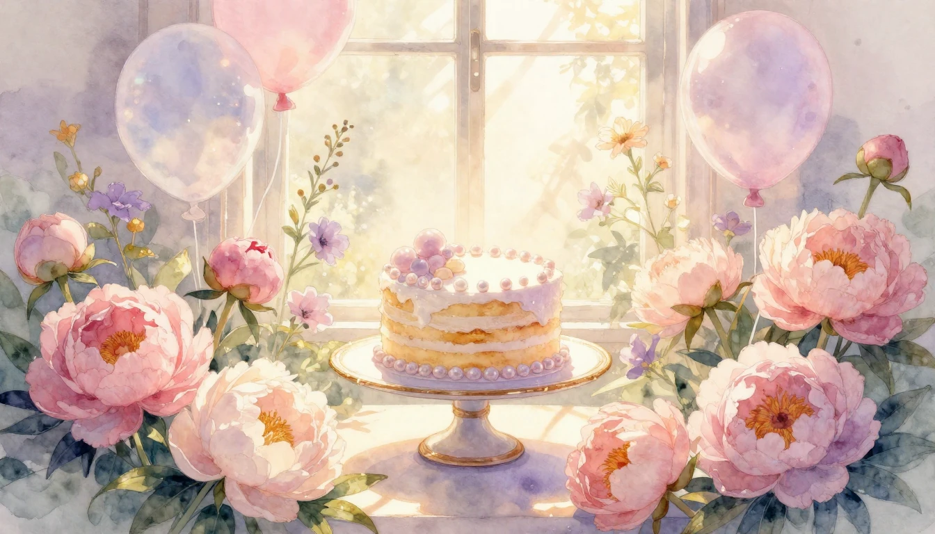 A beautiful and serene birthday-themed illustration in soft ...