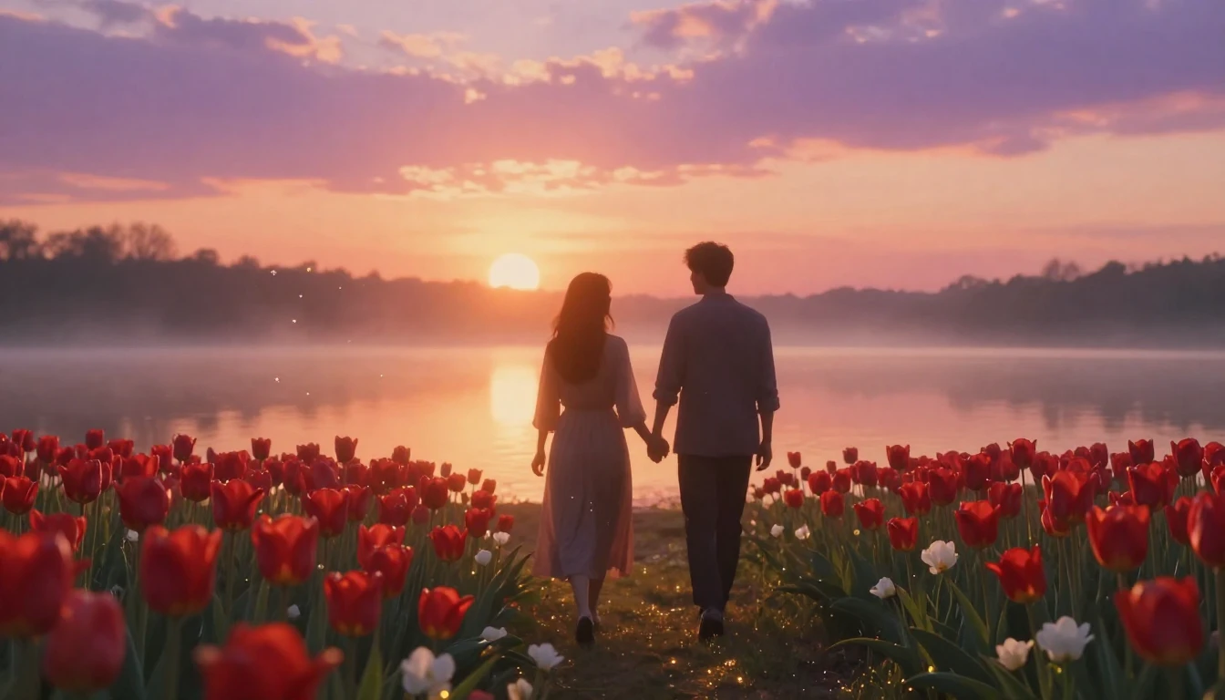 A dreamlike and romantic scene featuring two silhouettes of ...