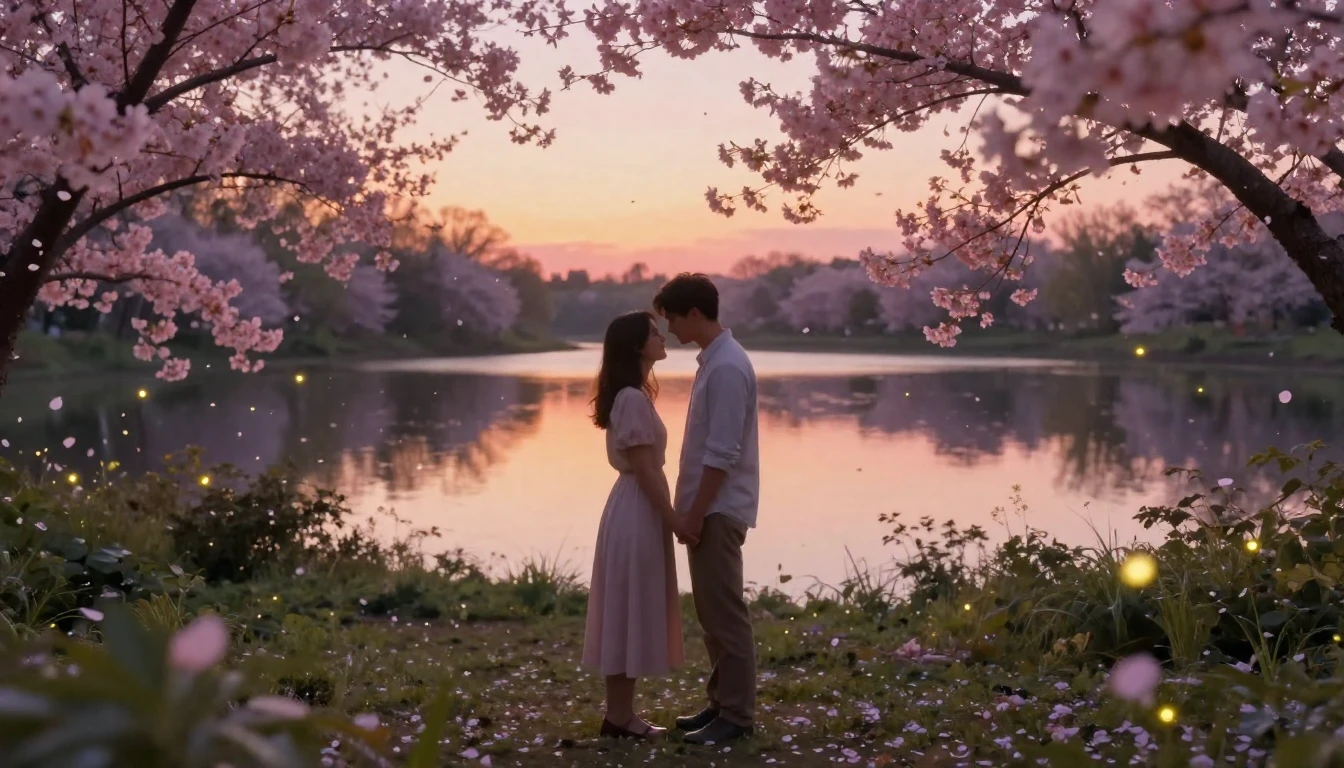 A romantic couple standing together in a lush, blooming gard...