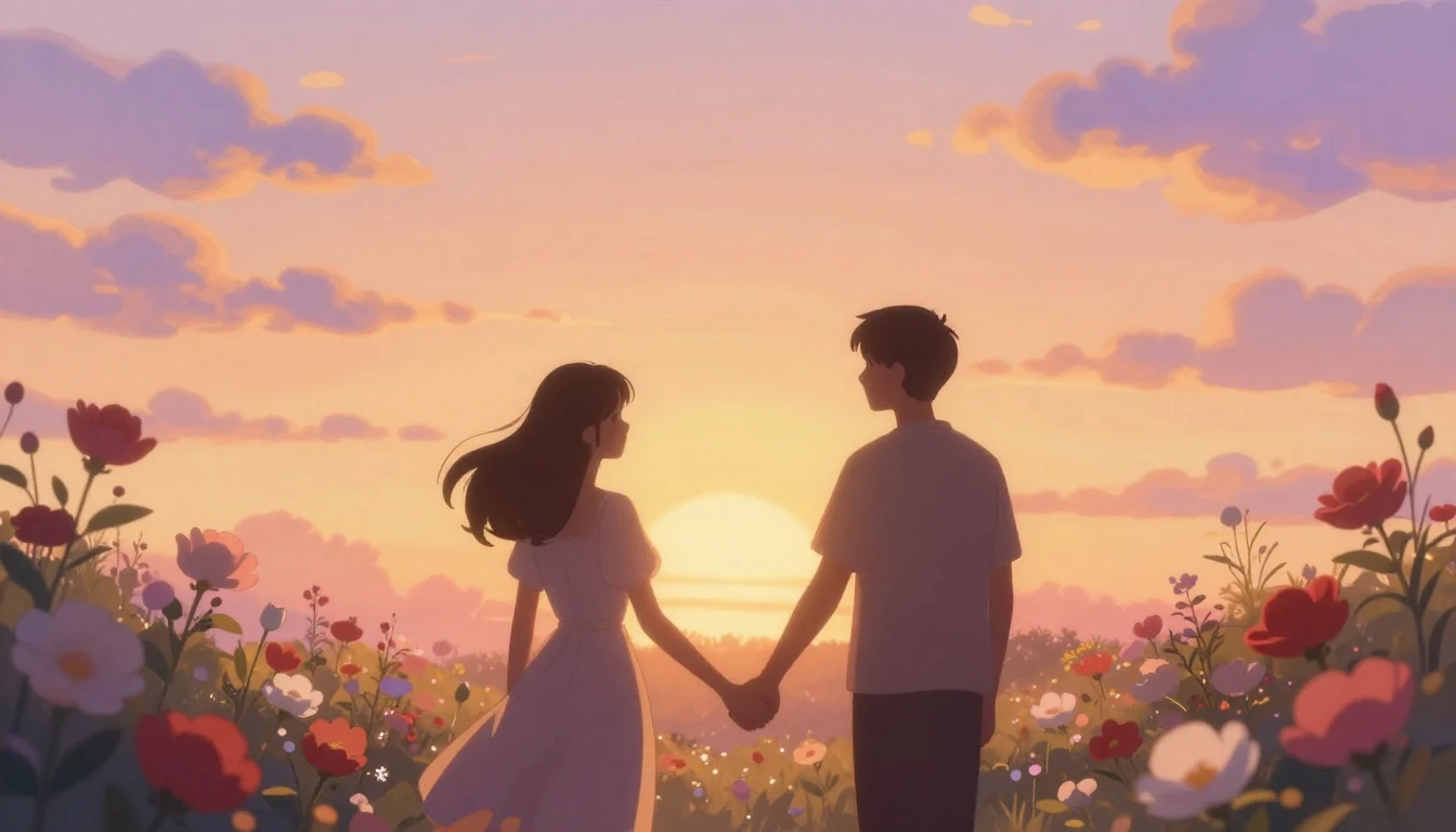 A romantic and dreamy illustration depicting two silhouettes...