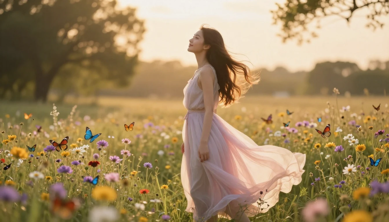 A beautiful young woman standing in a sun-drenched meadow fi...