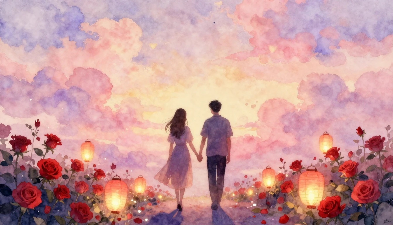 A soft and dreamy watercolor painting depicting two silhouet...