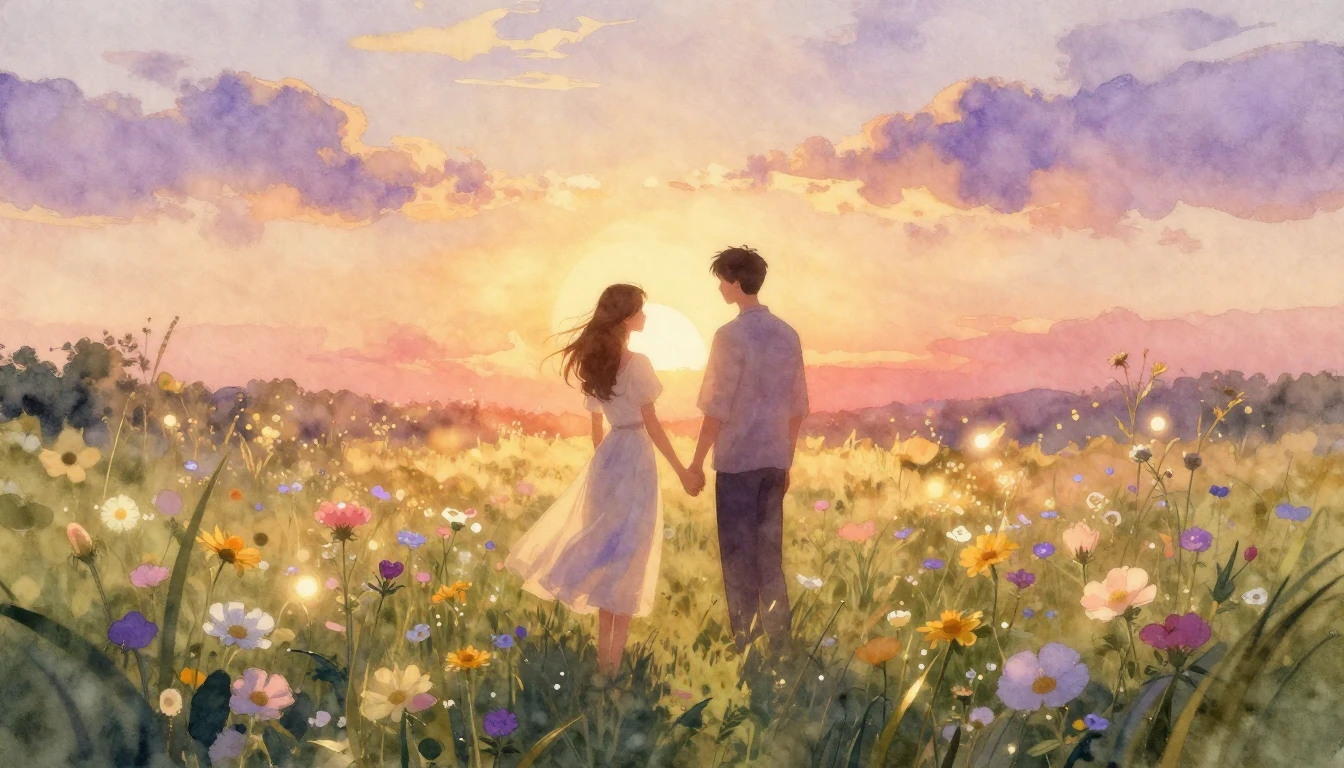 An ethereal and romantic watercolor painting depicting a cou...