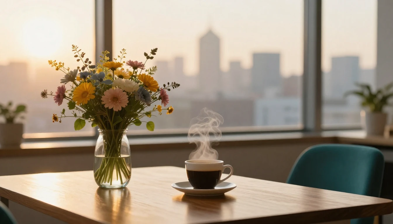 A serene and sophisticated workspace scene bathed in warm, g...