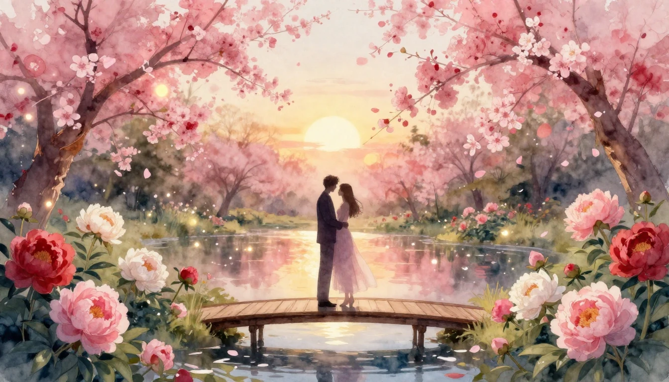 A dreamlike and soft watercolor painting depicting two silho...