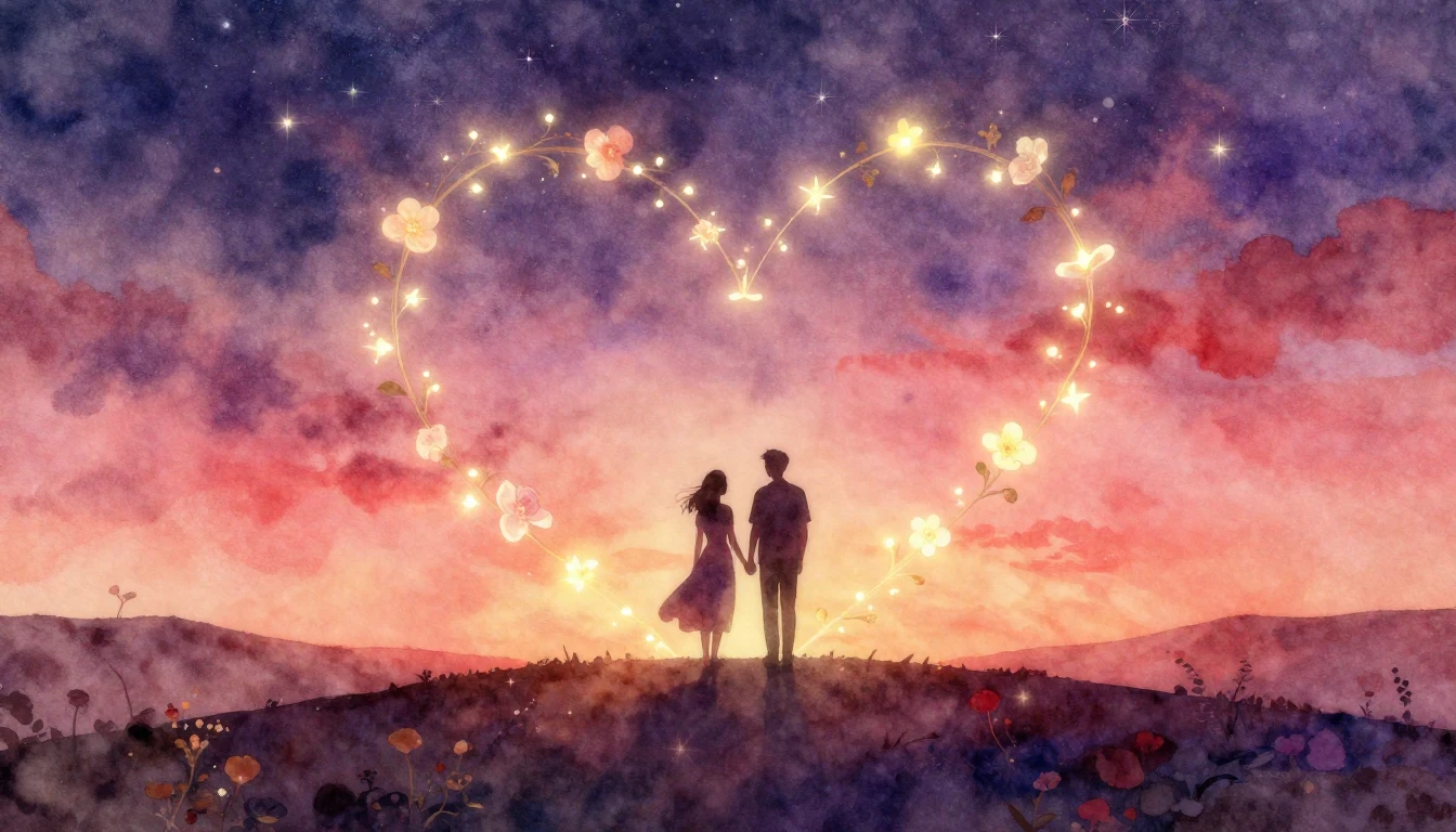 A romantic and soft watercolor painting depicting two silhou...