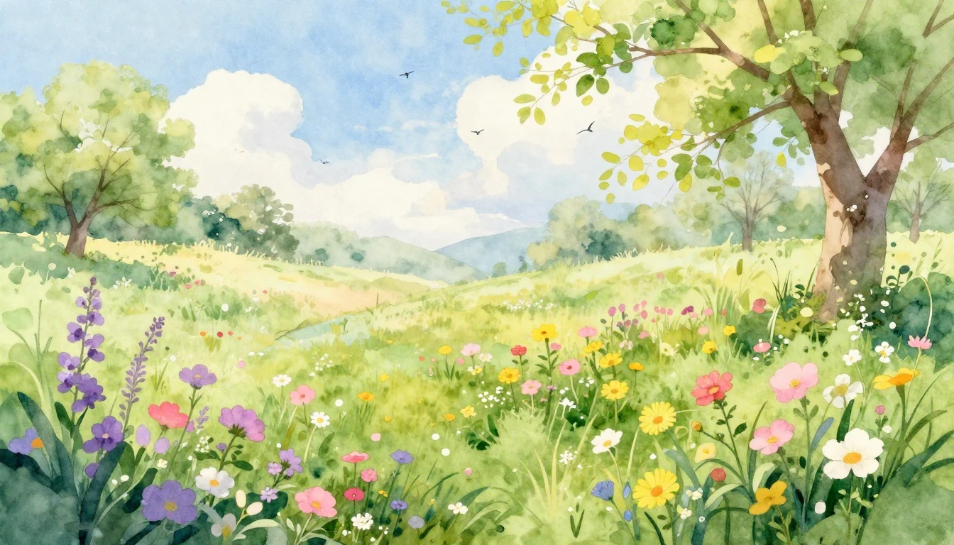 A vibrant and soft watercolor painting depicting a lush mead...