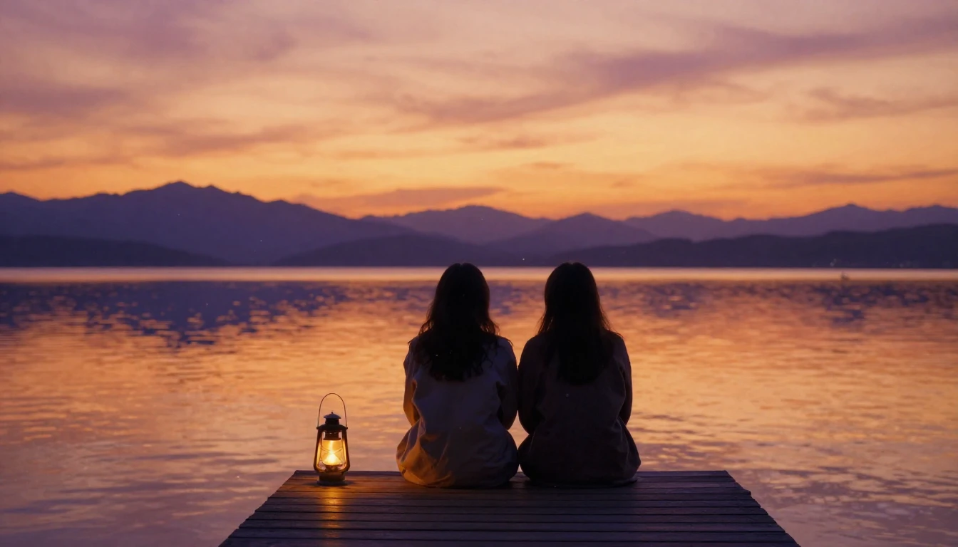 A warm and atmospheric scene of two friends sitting on a woo...