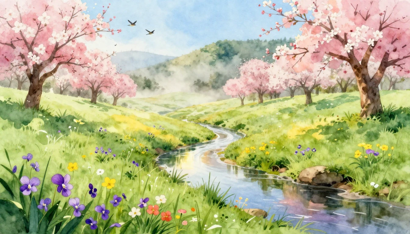 A soft and vibrant watercolor painting depicting the gloriou...