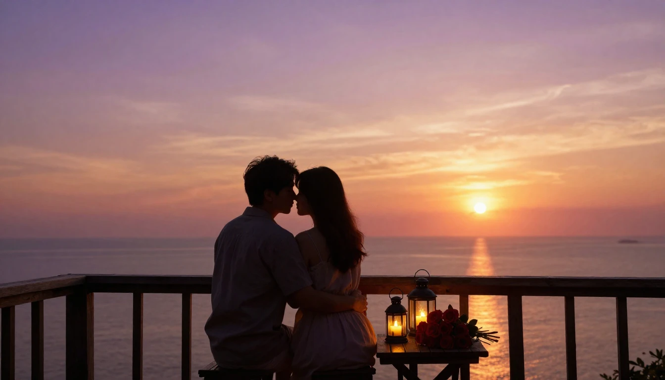 A romantic and intimate scene of a couple silhouetted agains...