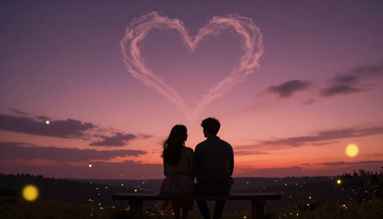A dreamy and romantic scene featuring two soft silhouettes s...