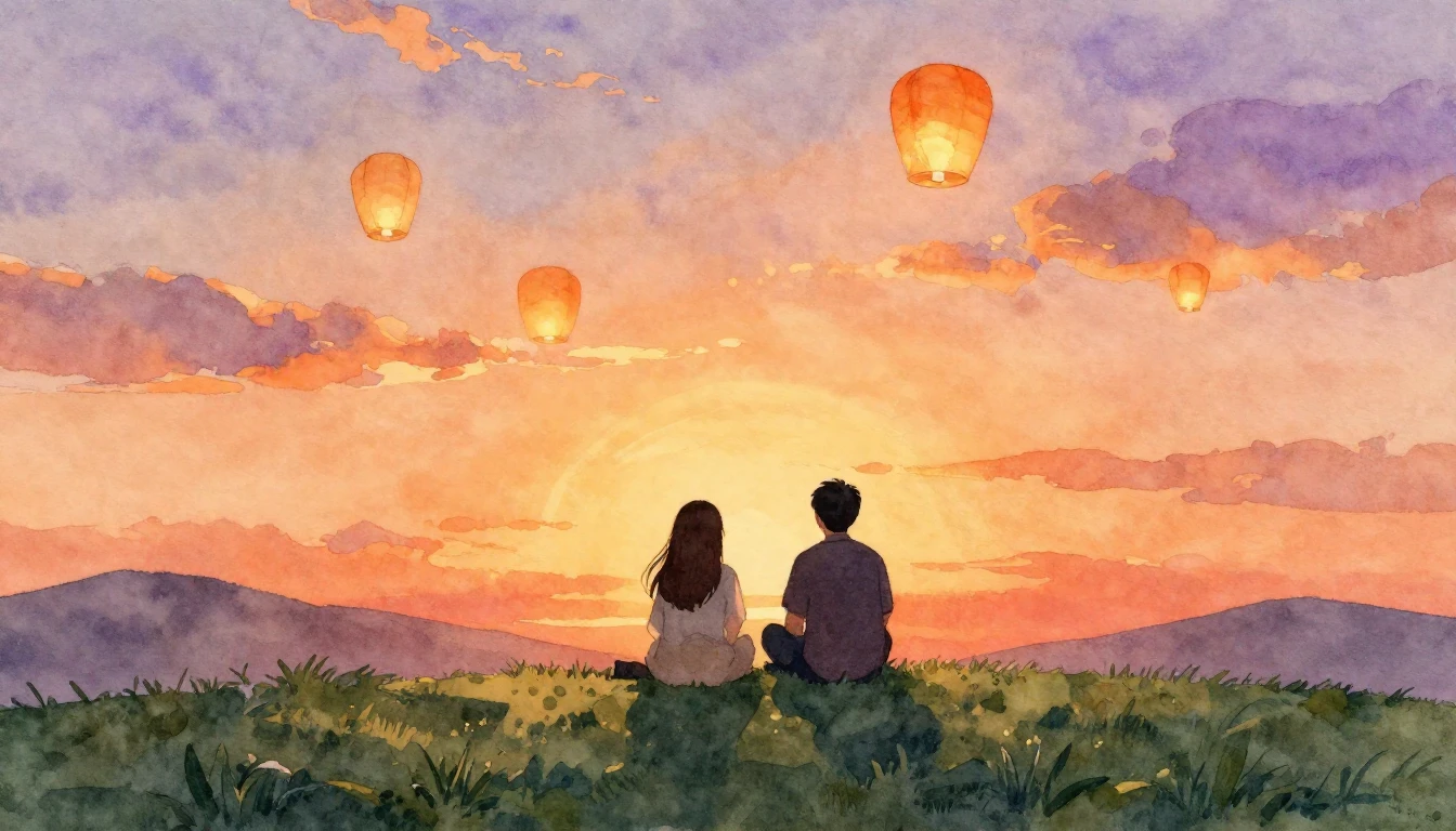 A heartwarming watercolor painting depicting two silhouette ...