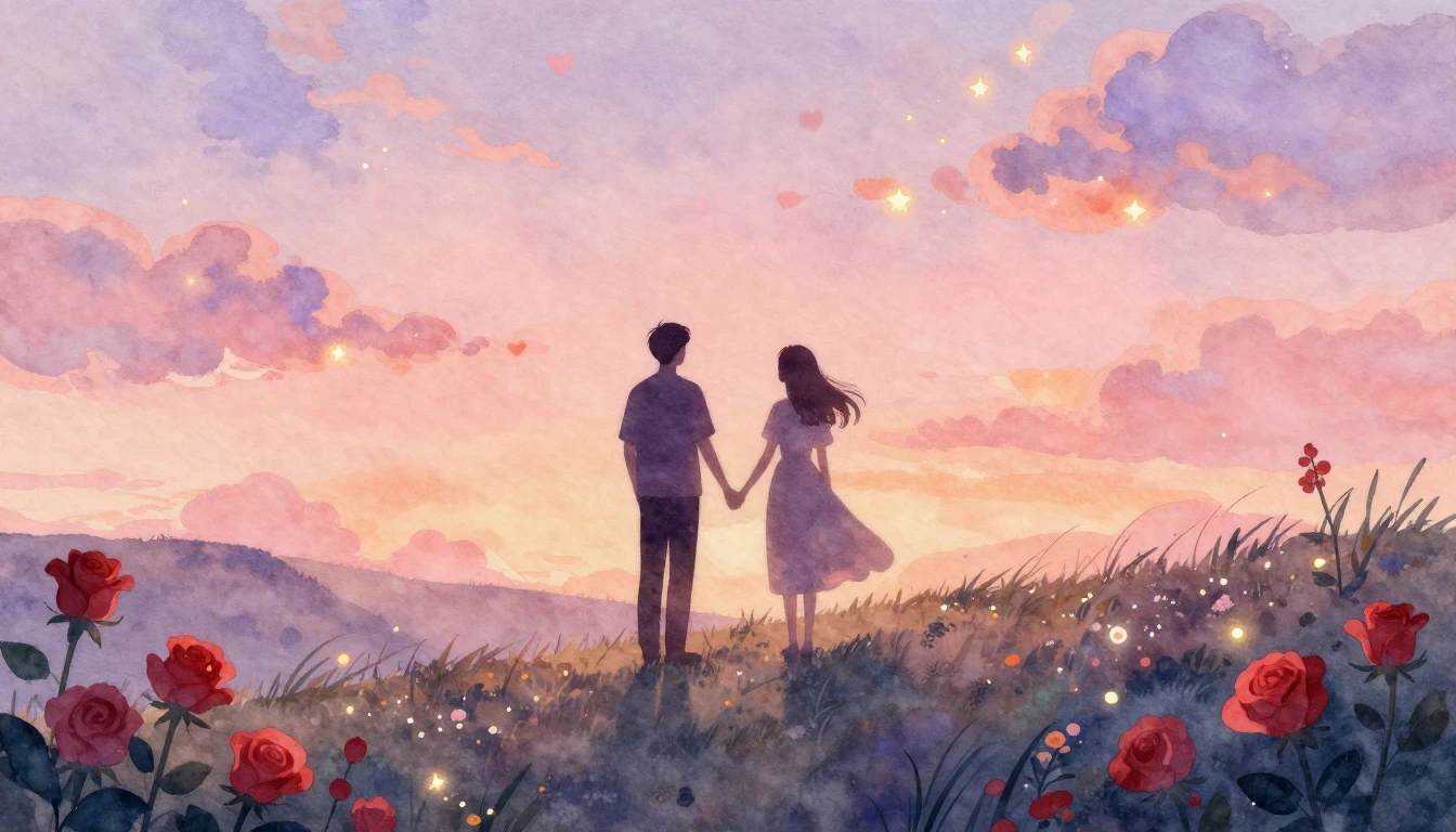 A dreamy and romantic watercolor illustration depicting a si...