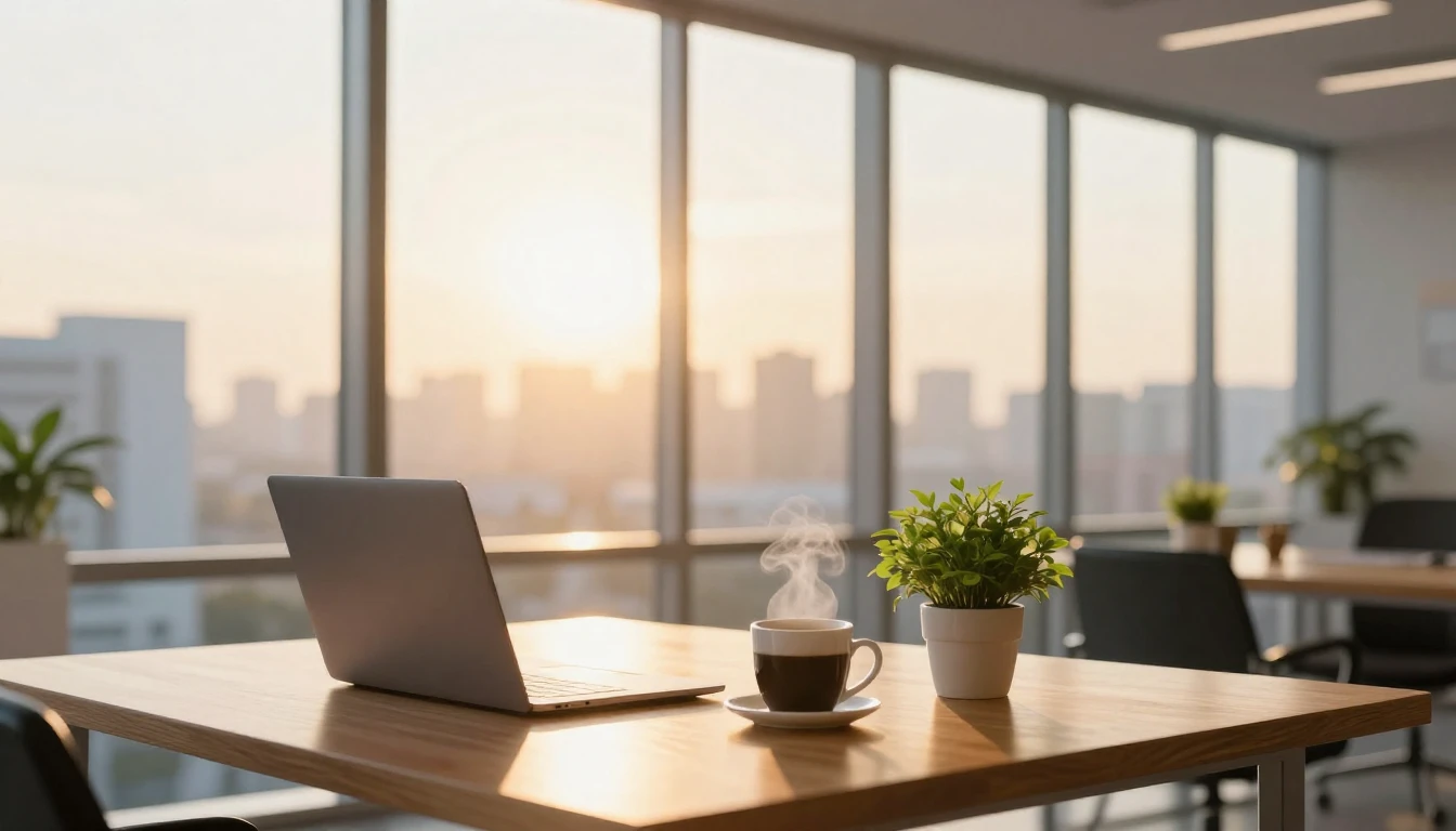 A bright and modern office interior during a beautiful golde...