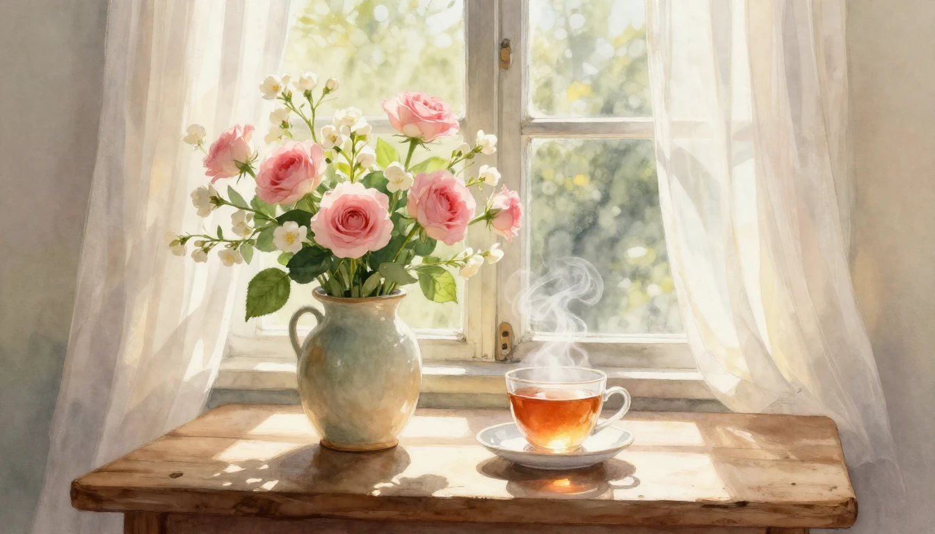 A soft and dreamy watercolor painting depicting a warm, sunl...