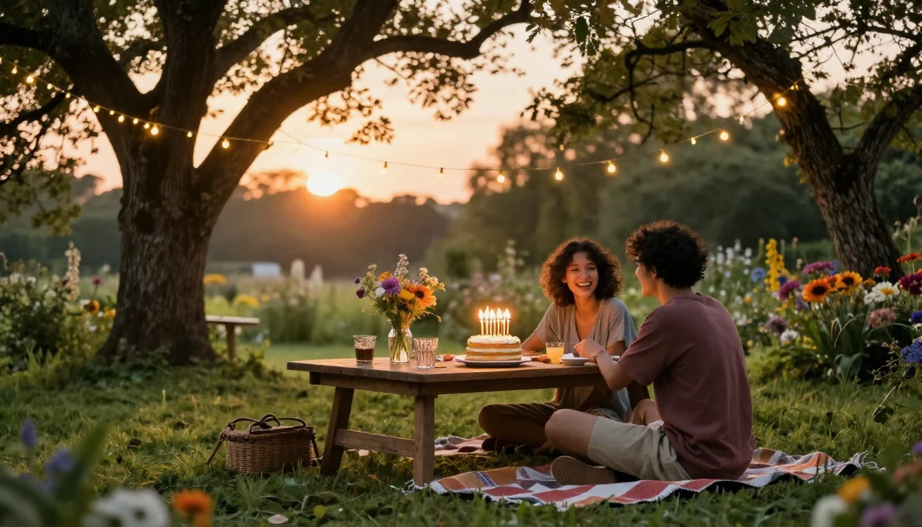 A warm and inviting scene of a cozy garden celebration at su...