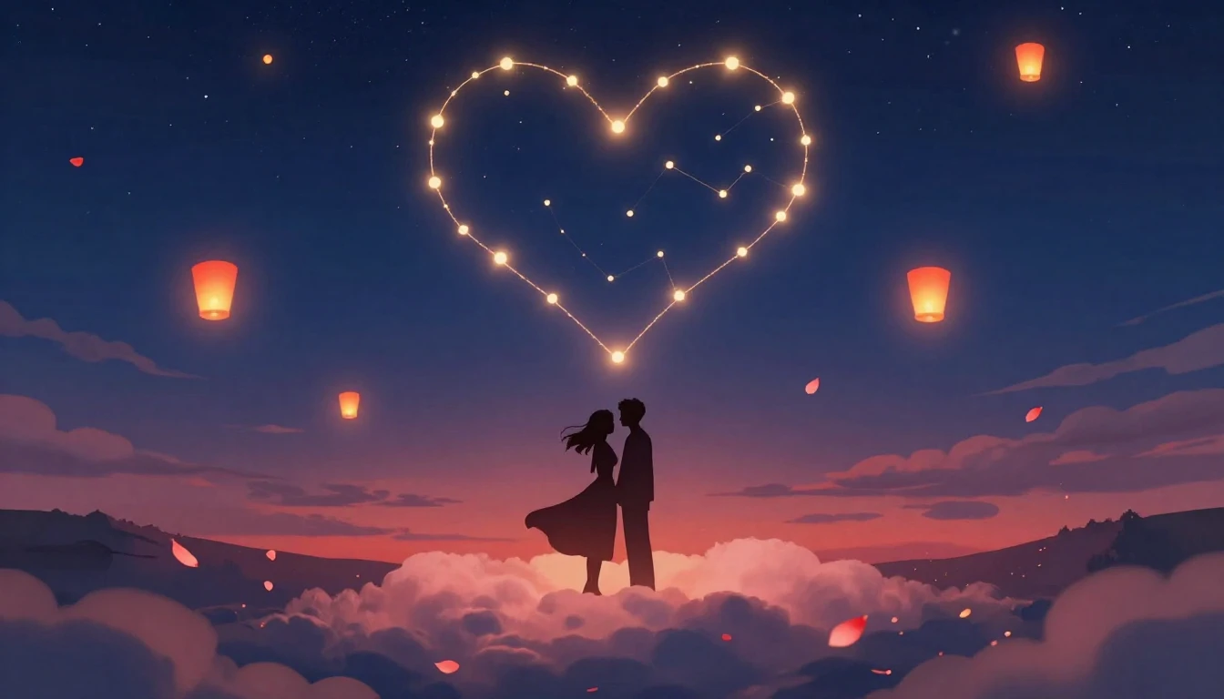 A romantic and dreamy illustration featuring two intertwined...