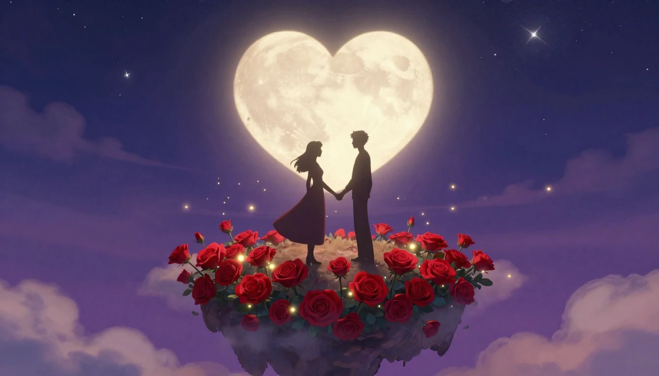 A romantic and dreamlike illustration featuring two silhouet...