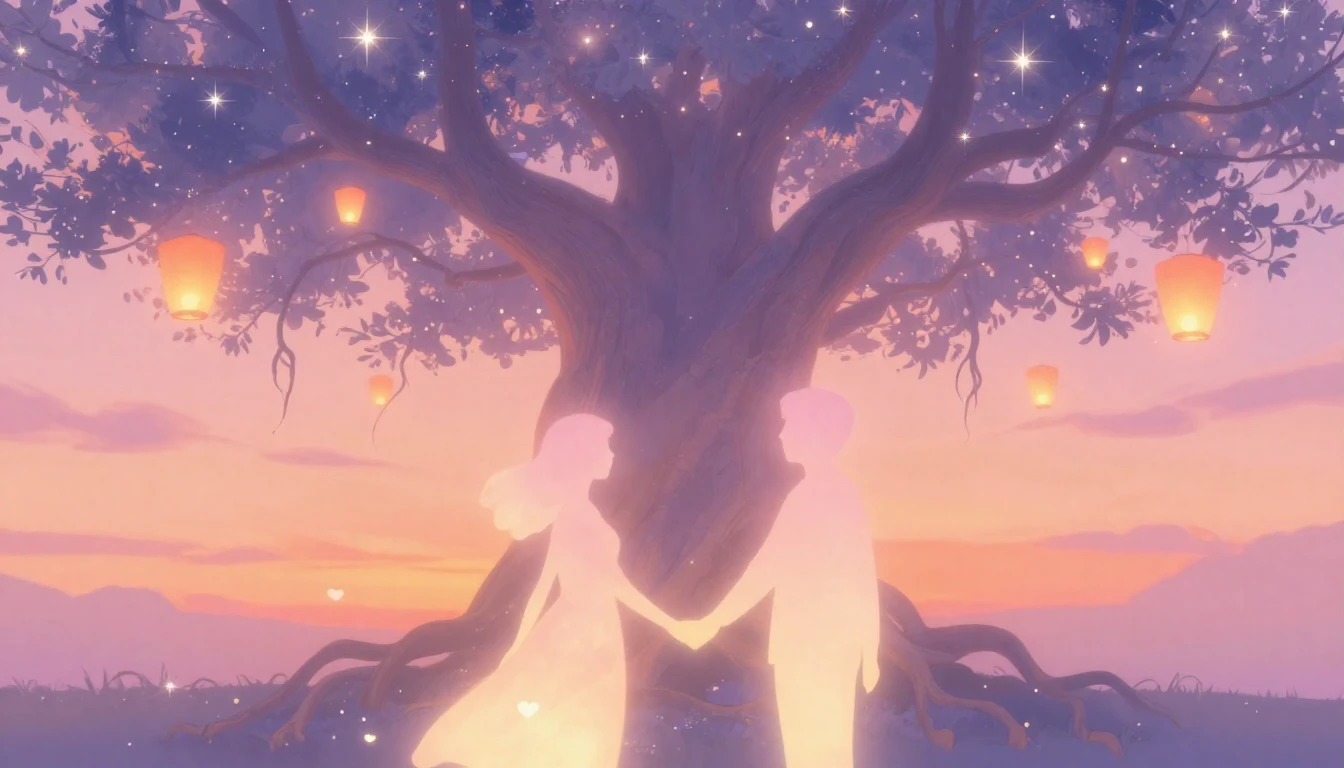 A dreamy and soft artistic composition depicting two glowing...