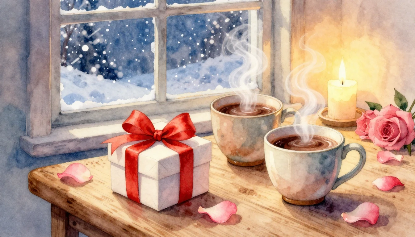 A soft and romantic watercolor illustration of a cozy Valent...