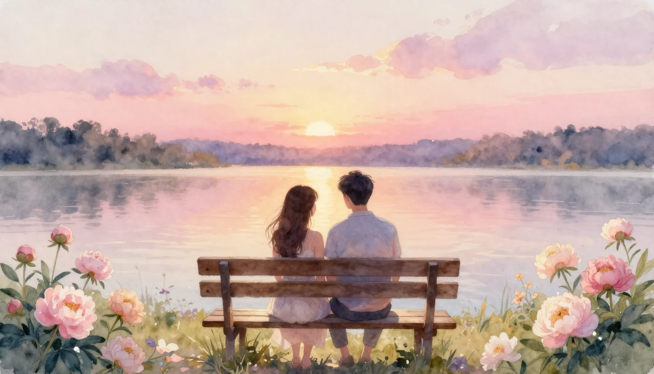 A soft and romantic watercolor painting depicting a couple s...