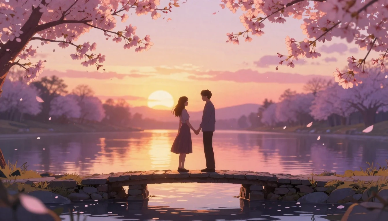 A romantic and dreamlike scene of two silhouettes holding ha...