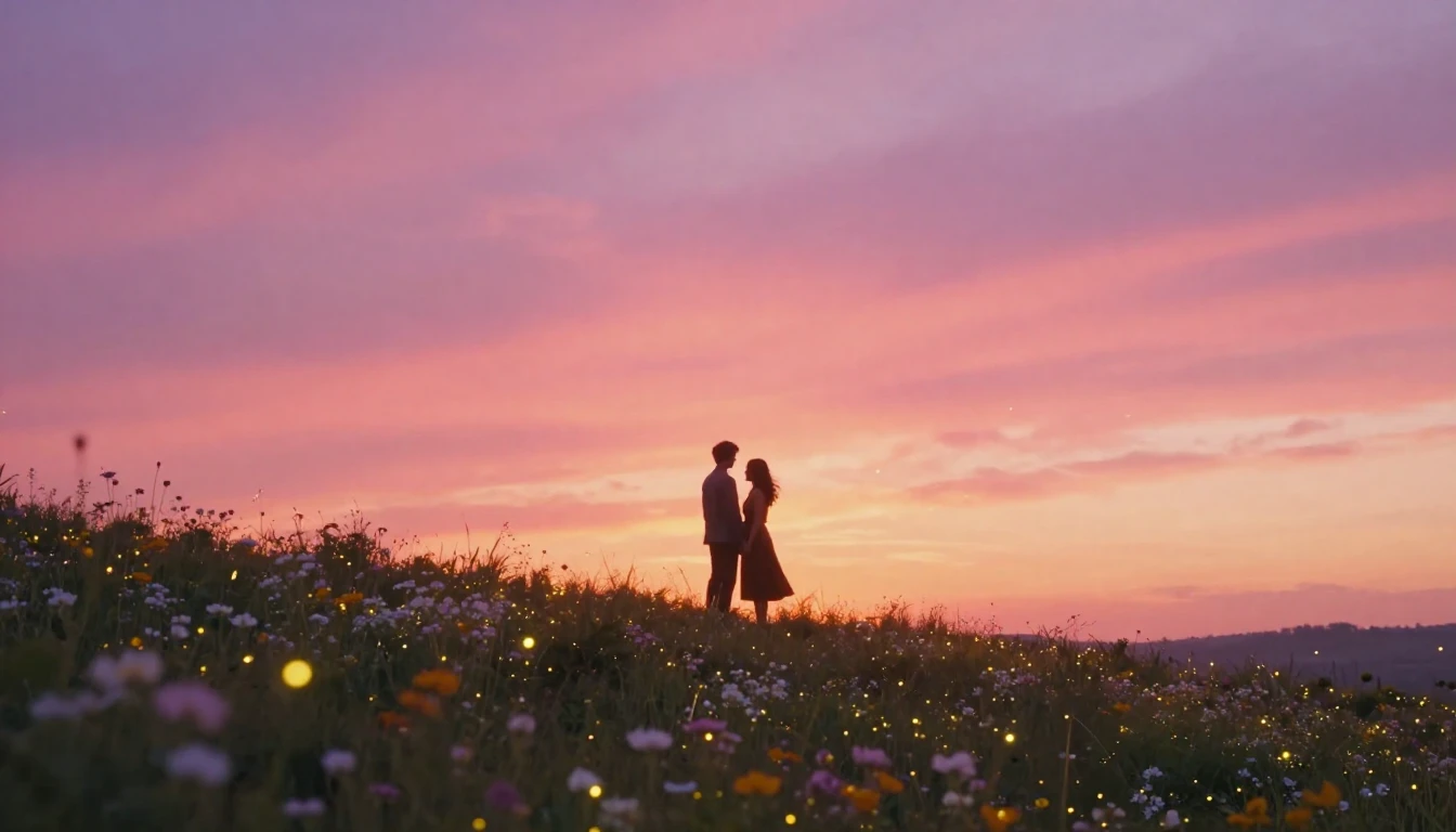 A romantic and dreamy scene of two lovers' silhouettes stand...