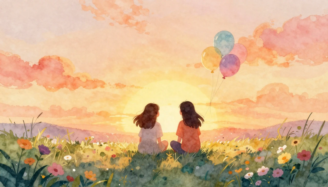 A heartwarming watercolor illustration depicting a serene ce...