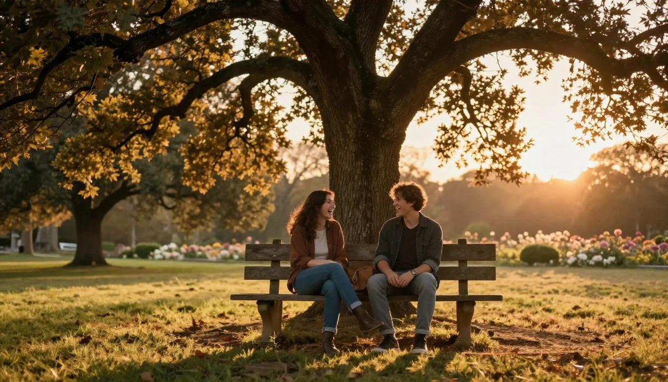 A heartwarming scene of two close friends sitting on a rusti...