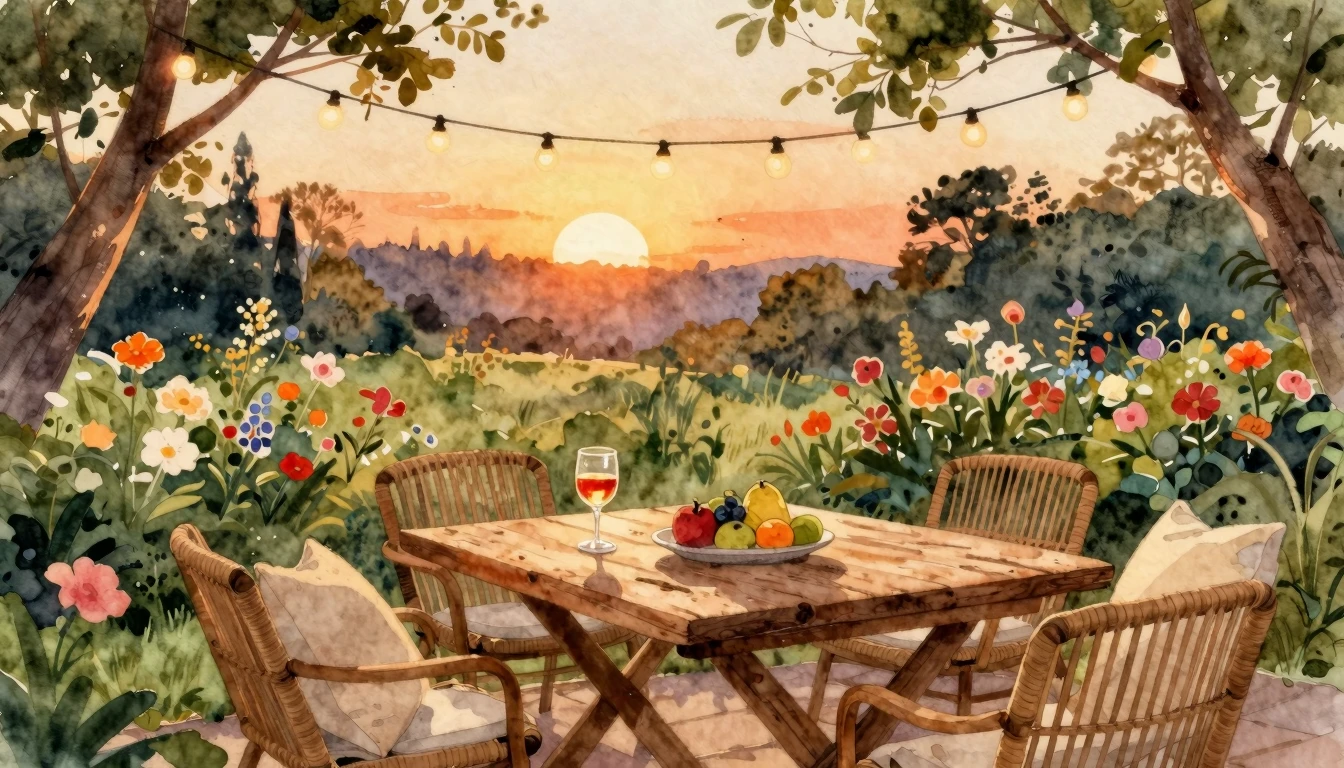 A warm and inviting watercolor illustration of a cozy outdoo...