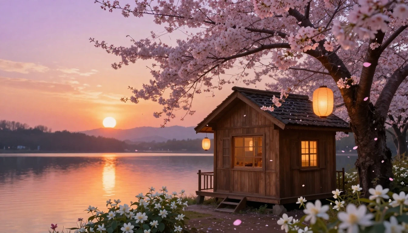A breathtakingly romantic landscape featuring a cozy wooden ...