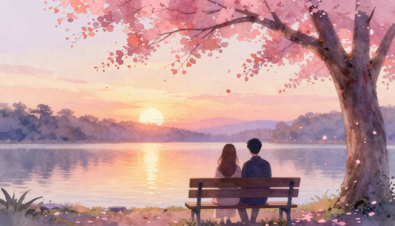 A soft and dreamy watercolor painting depicting two silhouet...