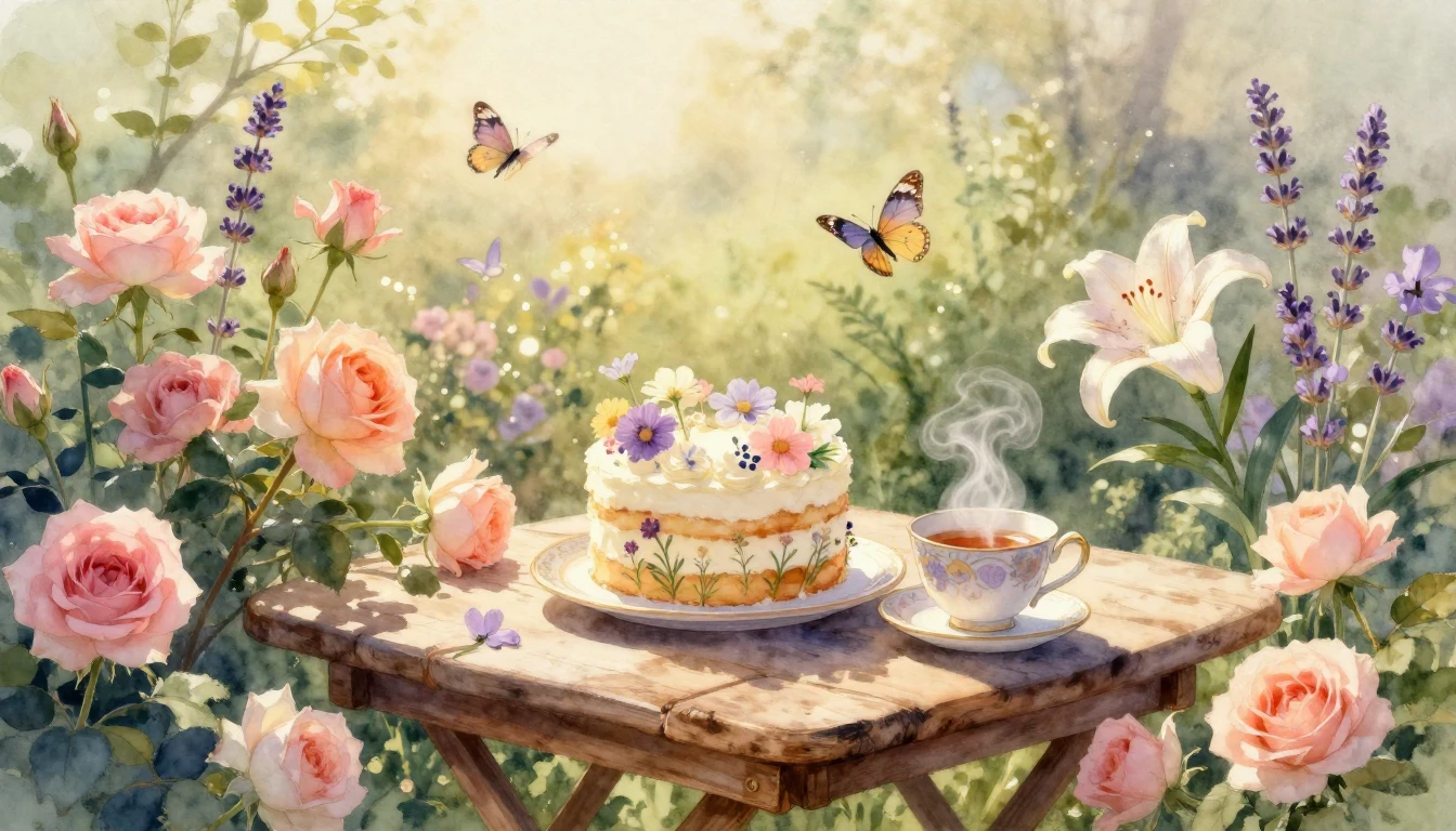 A serene and warm watercolor painting of a sunlit garden dur...