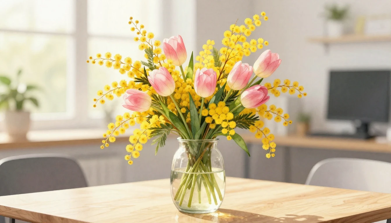 A delicate and artistic composition featuring a bouquet of b...