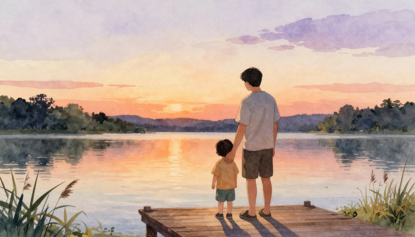 A heartwarming watercolor illustration of a father and his y...