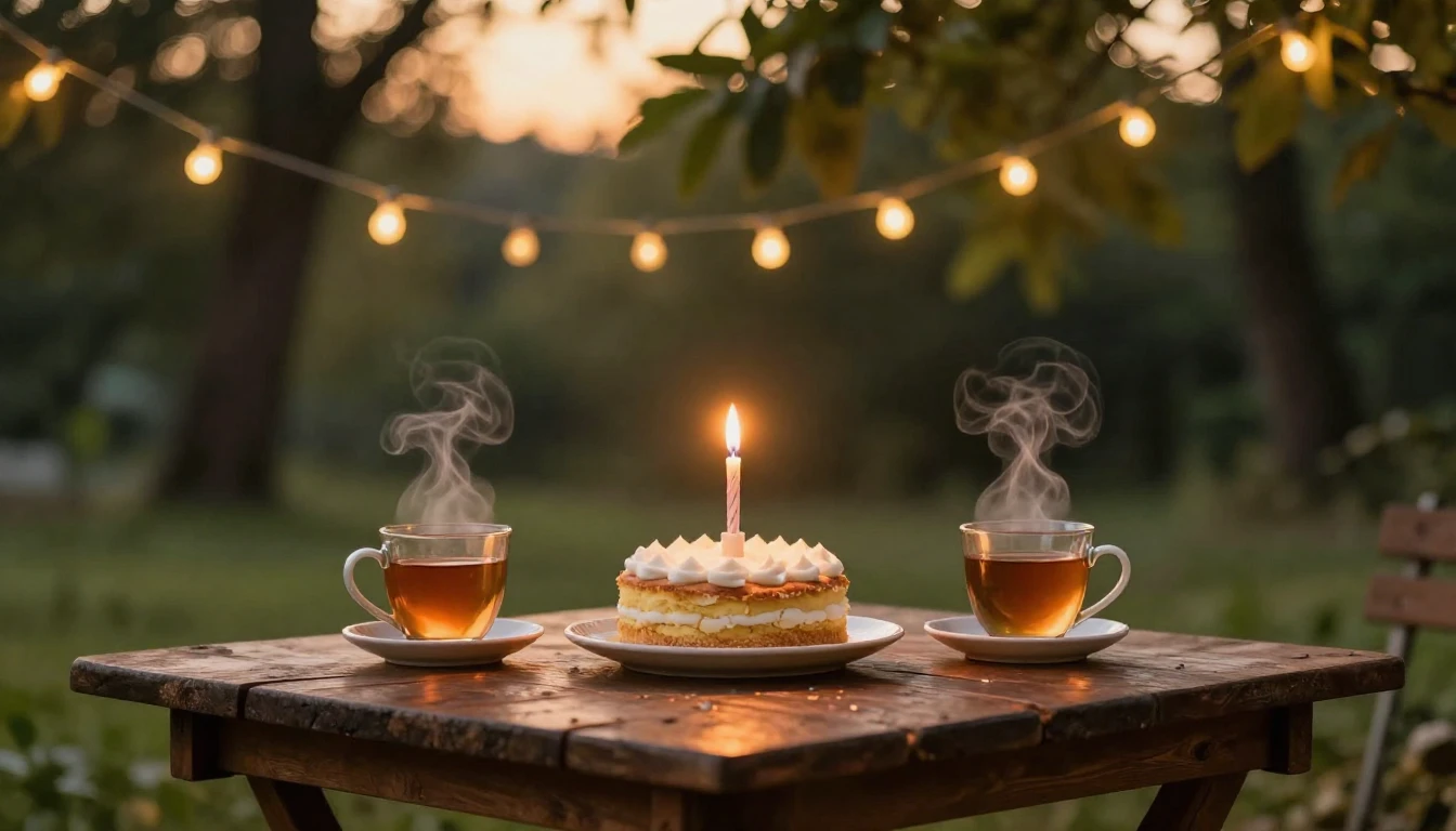 A cozy outdoor scene at golden hour, featuring a small rusti...