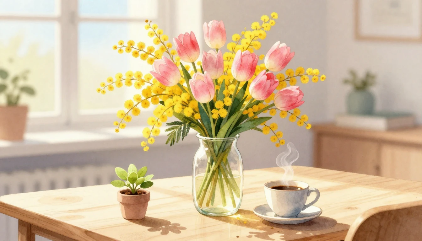 A delicate watercolor illustration of a vibrant spring bouqu...