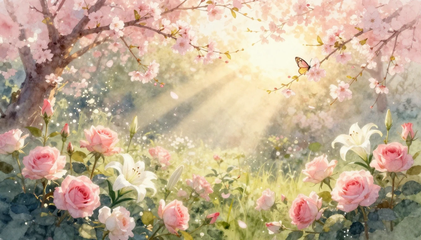 A beautiful watercolor painting of a lush, blooming spring g...